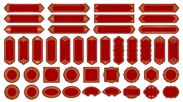 Collection of various red banners labels tags and geometric shapes