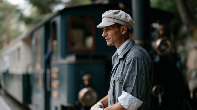 Train engineer coupling inspection of a narrow-gauge tourist railway locomotive at a mountain station platform, indicator lamps checked, heritage livery on the coach behind,