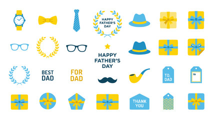Fototapeta premium Collection of fathers day themed icons and illustrations including gifts hats and thank you messages