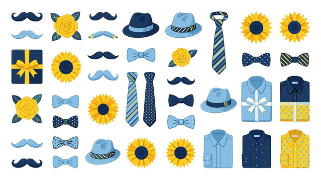 Collection of mens accessories and clothing items including ties hats sunglasses and gift boxes