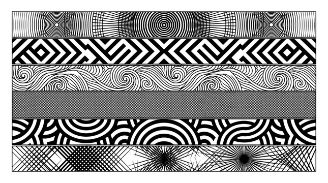 Set of six black and white patterned borders with geometric, tribal, and abstract designs