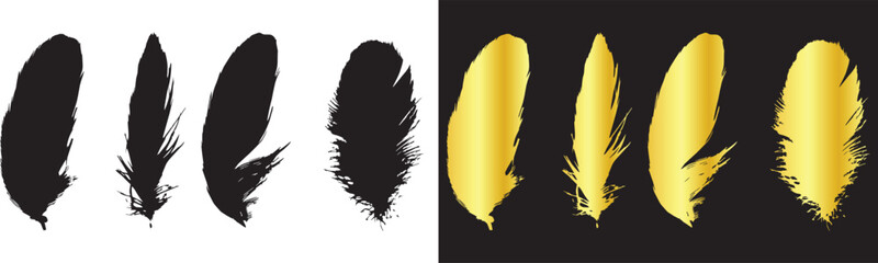 Elegant golden and black fluffy feather vector silhouettes set for design © Sabbir