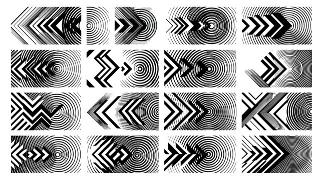 Set of black and white abstract arrow patterns with geometric shapes and textured backgrounds