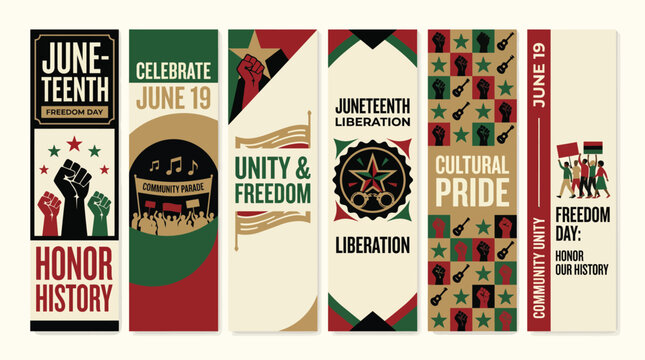 Juneteenth celebration banner set, African American freedom day vertical posters, Pan-African colors with fist and star icons, 6 vector templates
