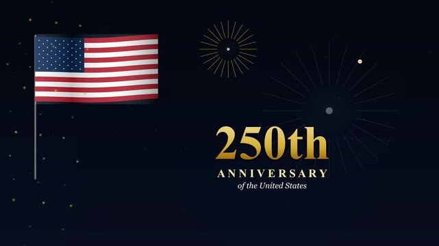 Vibrant commemorative design for the 250th national anniversary, featuring a waving flag and celebratory lights, symbolizing unity and progress