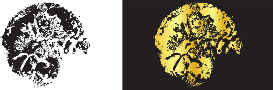 Intricate circle grunge gold splash isolated texture element on black background