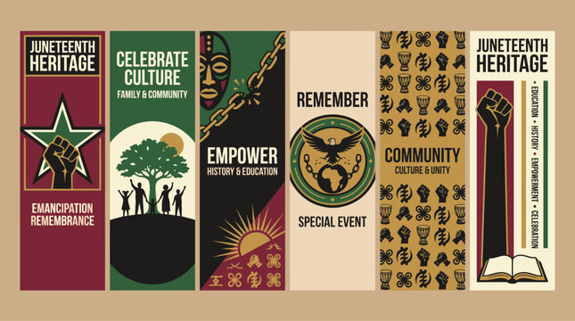 Juneteenth heritage vertical banner set, African American culture and community celebration posters, emancipation remembrance vector collection