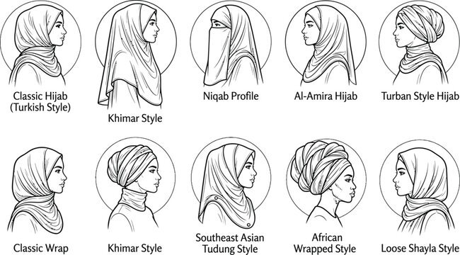 Diverse hijab styles showcased in line art for women's modest fashion and cultural representation