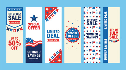 Fototapeta premium Patriotic 4th of July sale banners, American Independence Day promotion vertical web headers, red white and blue summer savings marketing flyers