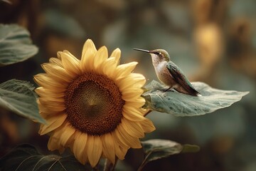 Fototapeta premium tiny hummingbird sitting on a large sunflower