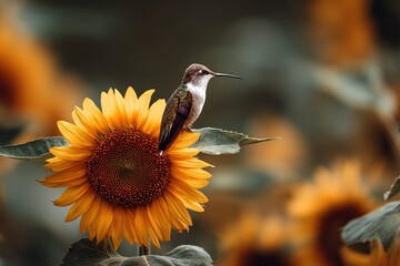 Fototapeta premium tiny hummingbird sitting on a large sunflower