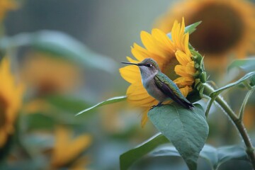 Naklejka premium tiny hummingbird sitting on a large sunflower