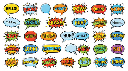 Naklejka premium Comic Speech Bubble Set, Cartoon Vector Illustration of Chat Dialog Balloons Isolated on White Background