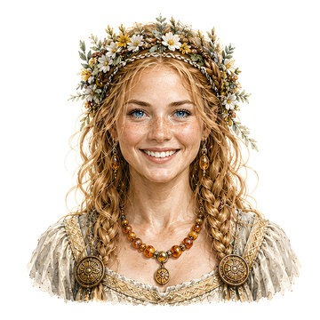 L&auml;chelnde Wikinger Braut mit Blumenkranz, blonden Z&ouml;pfen, blauem Blick und goldenem Schmuck auf wei&szlig;em Hintergrund