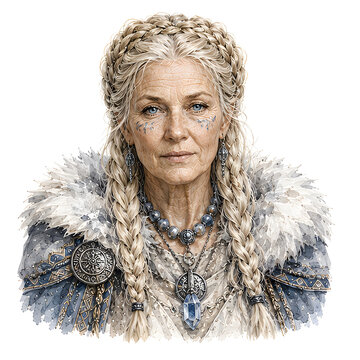 Elder Viking Queen Portrait with White Braided Hair, Fur Cloak, Blue Crystal Pendant and Nordic Jewelry on White Background