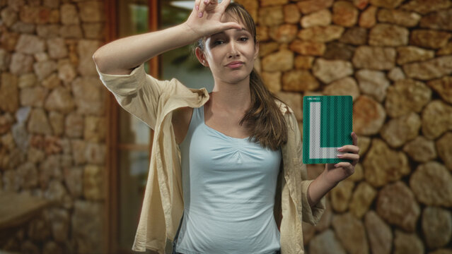 Young woman holding green learner plate at house entrance by doorway making l sign on forehead with skeptical expression; mockery.