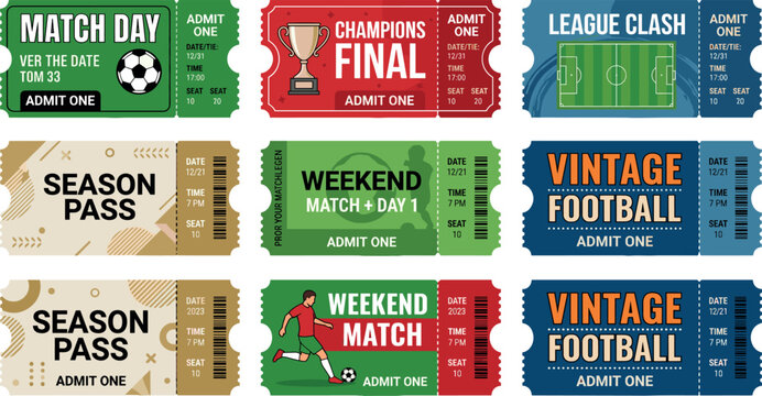 Collection of nine various soccer match tickets with different featuring trophies, balls, and stadiums on a white background
