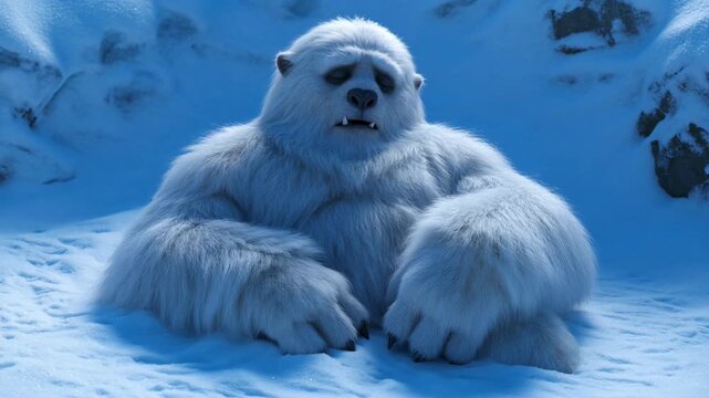 Large White Yeti Resting in a Snowy Mountain Cave