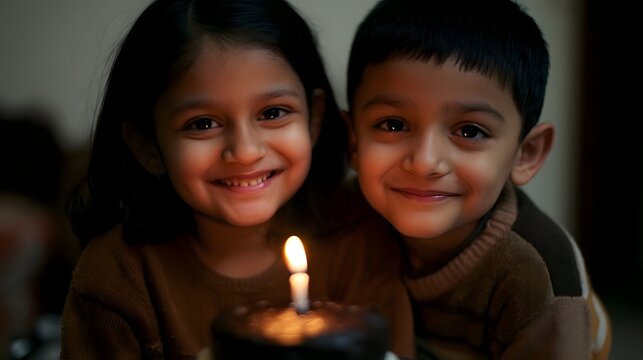 A long shot capturing bonded siblings celebrating a joyful birthday with a beautiful cake evoking a feeling of deep peace and affection