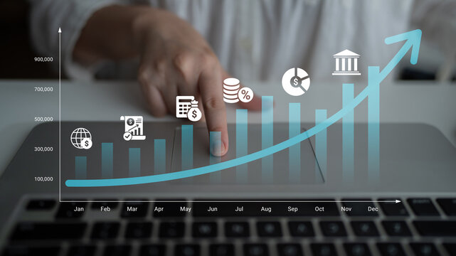 A person interacts with a digital growth chart on a laptop, showcasing financial progress and business insights through various icons and statistics for economic analysis. Ledger