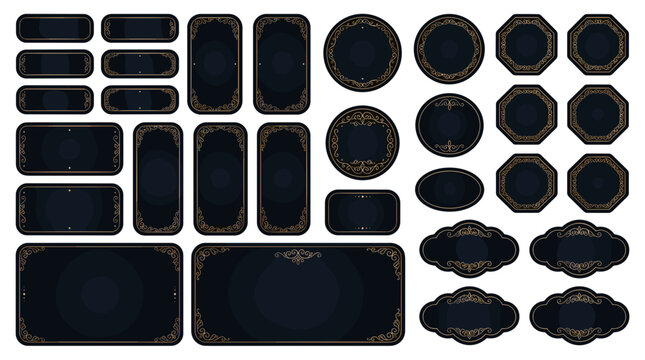 Collection of black vintage label tags and badges with gold accents for decoration and design
