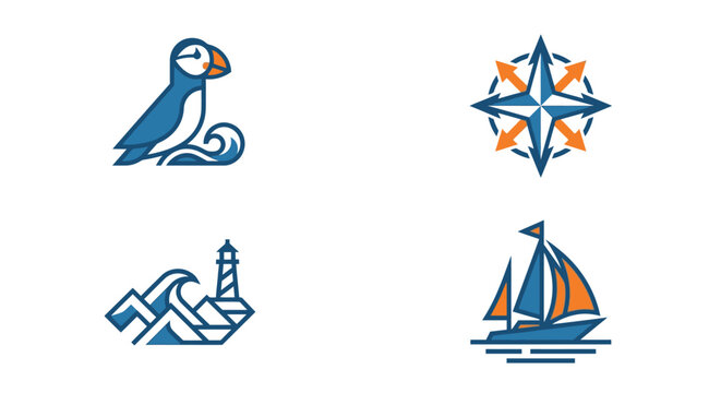 Blue and orange nautical icon set with puffin and sailboat.
