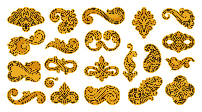 Set of ornate golden decorative flourishes and embellishments for design and craft projects
