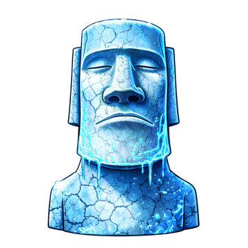 Blaue gefrorene Steinkopf Statue mit geschlossenen Augen als mystische Eis Skulptur