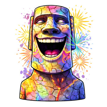 Lachende farbenfrohe Steinstatue mit Feuerwerk und breitem Grinsen als fr&ouml;hliche Fantasy Illustration
