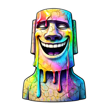 Lachende bunte Steinstatue mit breitem Grinsen in lebendigen Regenbogenfarben