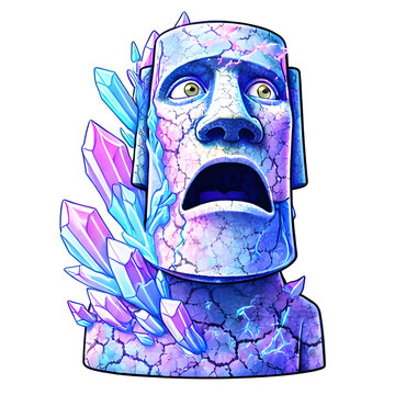 Erschrockene Steinstatue mit offenem Mund und leuchtenden Kristallen in surrealen Pastellfarben