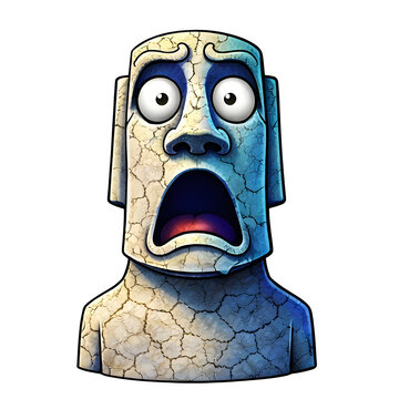 Erschrockene Moai Steinfigur mit lustigem Gesichtsausdruck