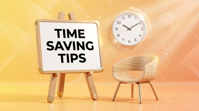 Time saving tips displayed on a board next to a clock and chair  