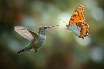 Obraz premium hummingbird and butterfly meeting mid-air