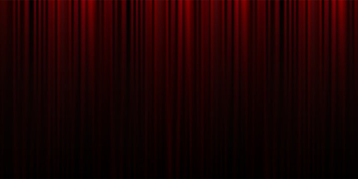 Red velvet curtain background. Closed curtains wallpaper for theater stage or cinema, circus. Red fabric drapery backdrop for award, show, performance. Velvet textile room scene banner concept. Vector