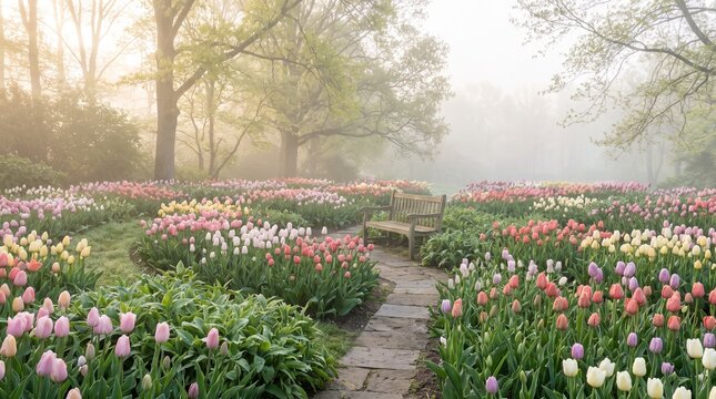Magical foggy morning in a serene botanical garden showing a stone path surrounded by thousands of pink spring tulips