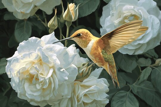 golden hummingbird flying near white roses