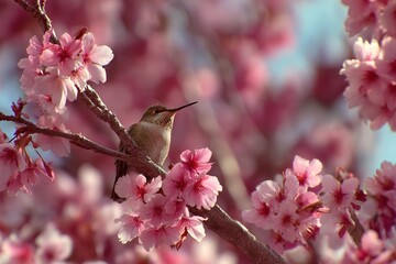 Obraz premium hummingbird in cherry blossom field