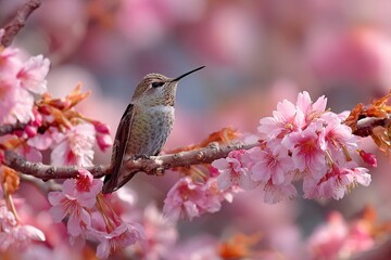 Obraz premium hummingbird in cherry blossom field