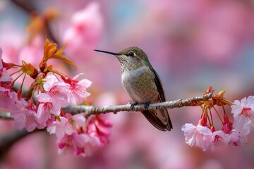 Obraz premium hummingbird in cherry blossom field