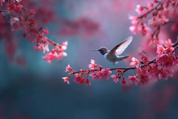 Obraz premium hummingbird in cherry blossom field