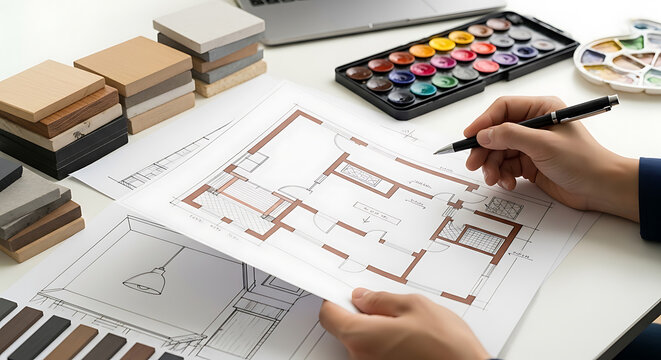 Architectural floor plan sketch with material samples and watercolor paints blueprint