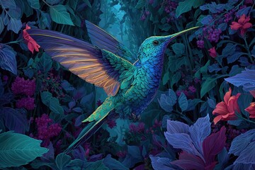 Obraz premium neon-colored hummingbird in futuristic jungle