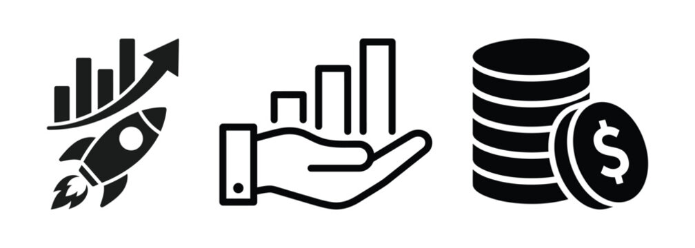 Business startup and finance icon set vector, solid glyph with rocket, stacked coins, gear bar chart and circular arrows for growth, wealth and performance symbol.