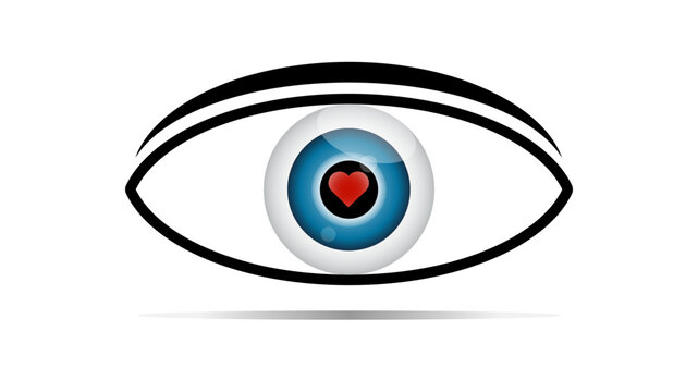 Stylized eye graphic featuring a vibrant red heart symbol within a blue iris for romantic concepts