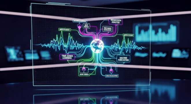 Abstract Futuristic Data Visualization Network With Time Series Forecasting Analytics on Dark Tech Background