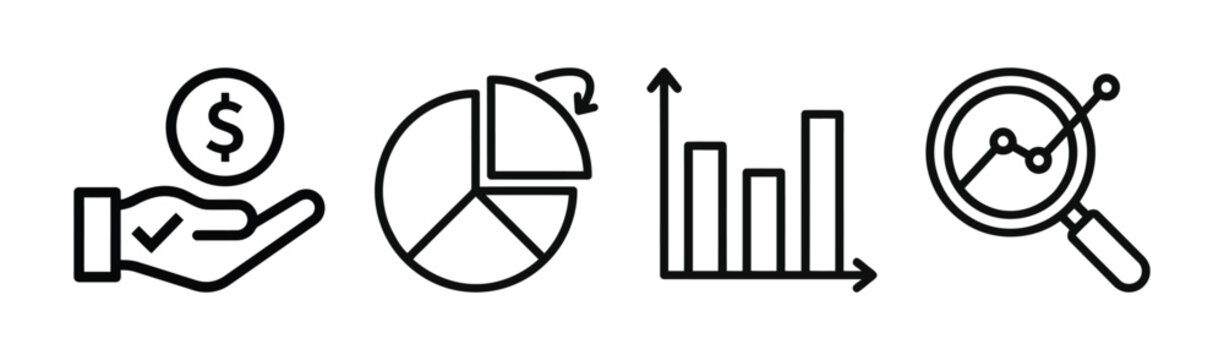 Financial analytics icon set vector, outline style with hand coin checkmark, pie chart, bar graph and magnifier for payment verification and market research symbol.