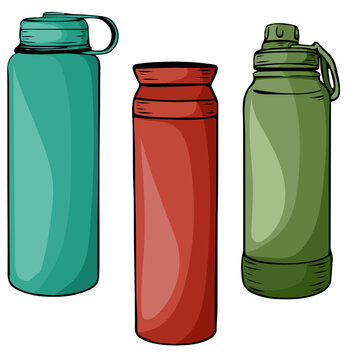 Reusable water bottles set hand drawn style for zero waste lifestyle web design. Vector illustration
