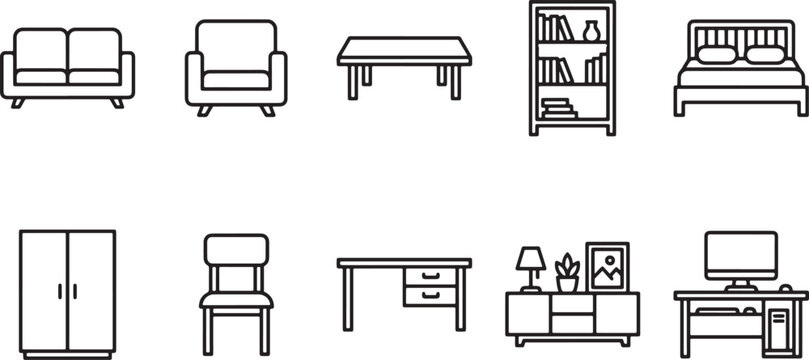Set of furniture line icons including sofa chair table bookshelf bed wardrobe desk and computer workstation vector
