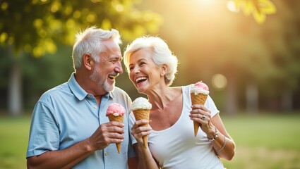 Obraz premium Happy senior couple enjoying ice cream together during warm summer day in green park. Smiling elderly man and woman spending quality time outdoors, celebrating active retirement, healthy aging concept